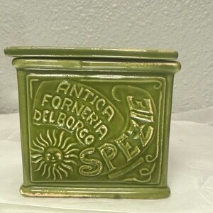 This vintage green ceramic salt box, labeled "Antica Forneria Del Borgo